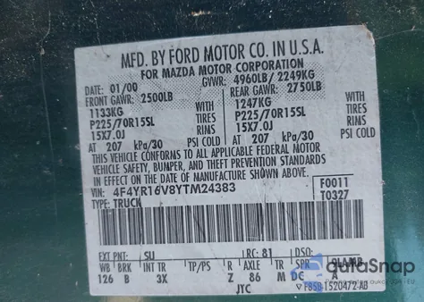 2000 Mazda B3000 Se/Tl from USA, damaged, VIN 4F4YR16V8YTM24383